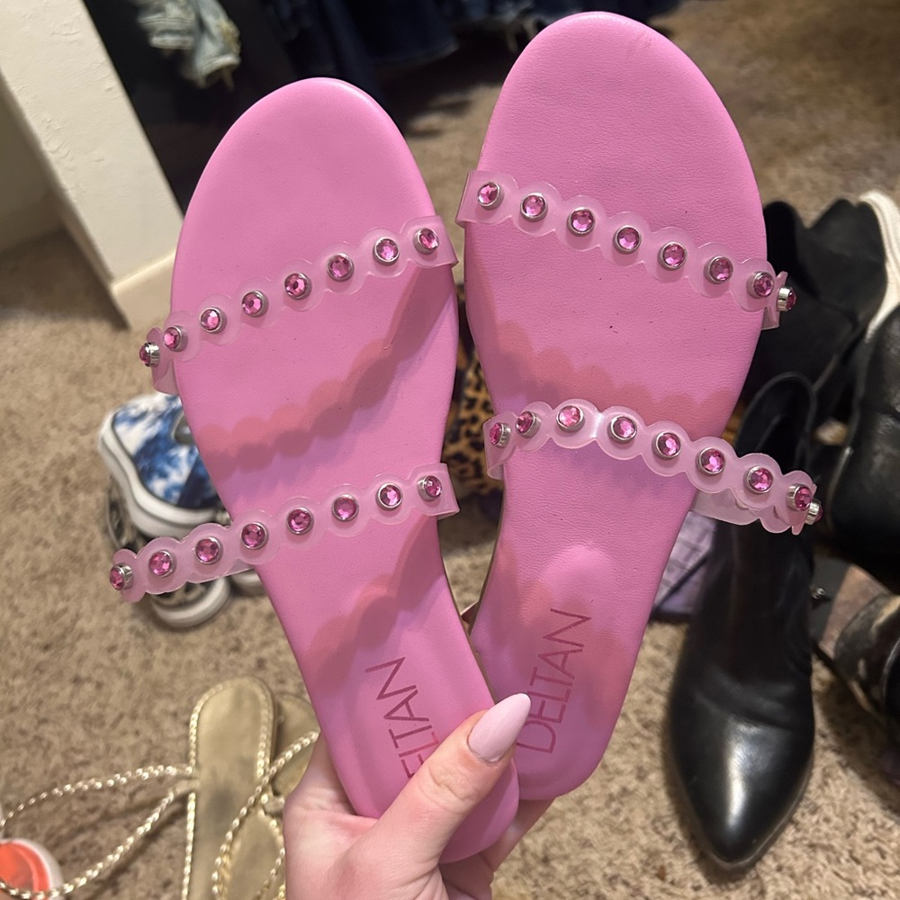 Deltan Hollie Scallop Rhinestone Embellished Banded Slides Magenta 9 M US